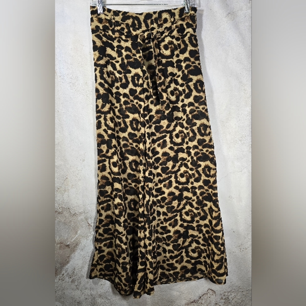 TRUTH Small Sheer Wide Leg Palazzo Leopard Print Pants Built-In Shorts Tie Belt